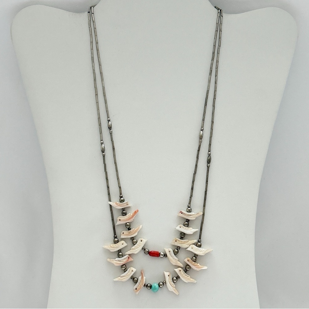 Vintage Southwestern Two Strand Fetish Turquoise Coral Sterling Silver Necklace - Picture 4 of 13